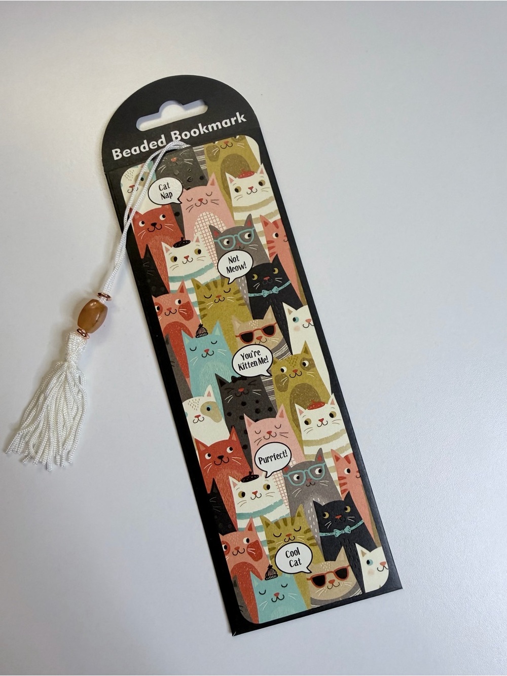 Cute Multi-Color Cat Beaded Bookmark with White Tassel